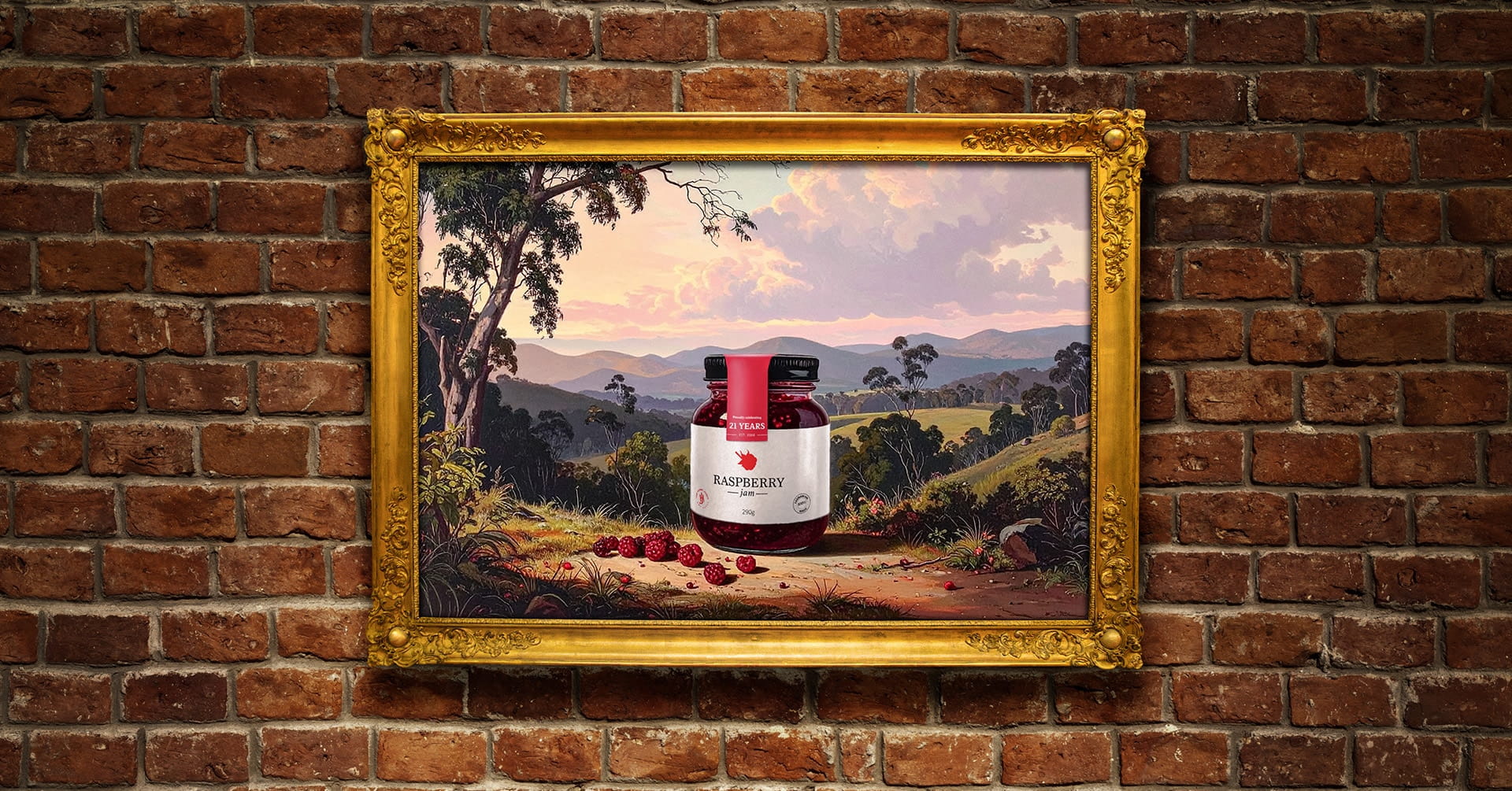 Framed landscape painting featuring a jar of raspberry jam in the foreground, mounted on a red brick wall.
